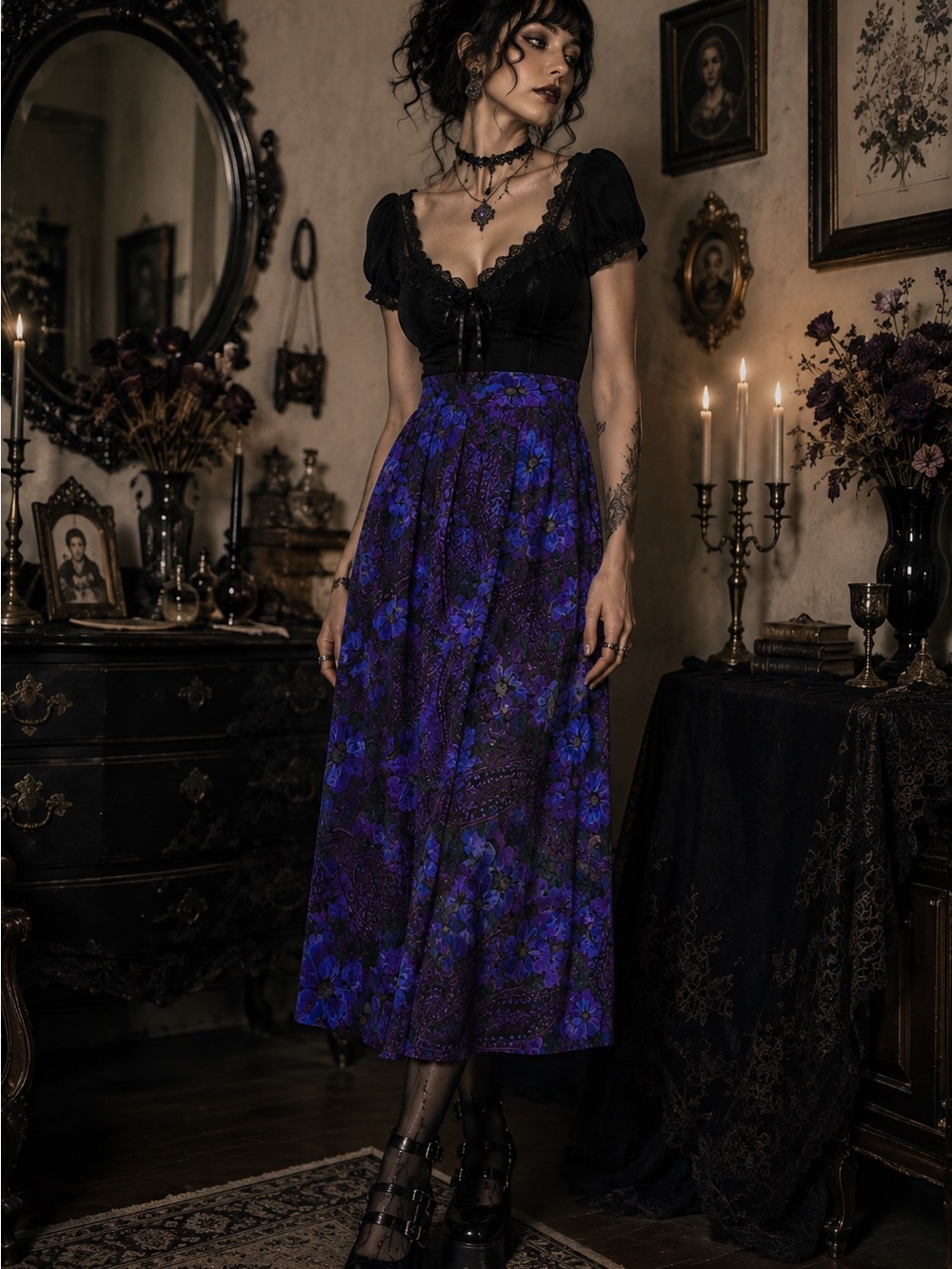 Vintage black and blue Floral Midi Skirt